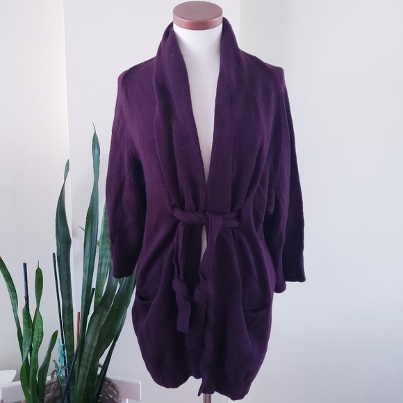 VINCE Knit Wool Blend Open Wrap Long Line Cardigan - Burgundy M - Picture 1 of 12